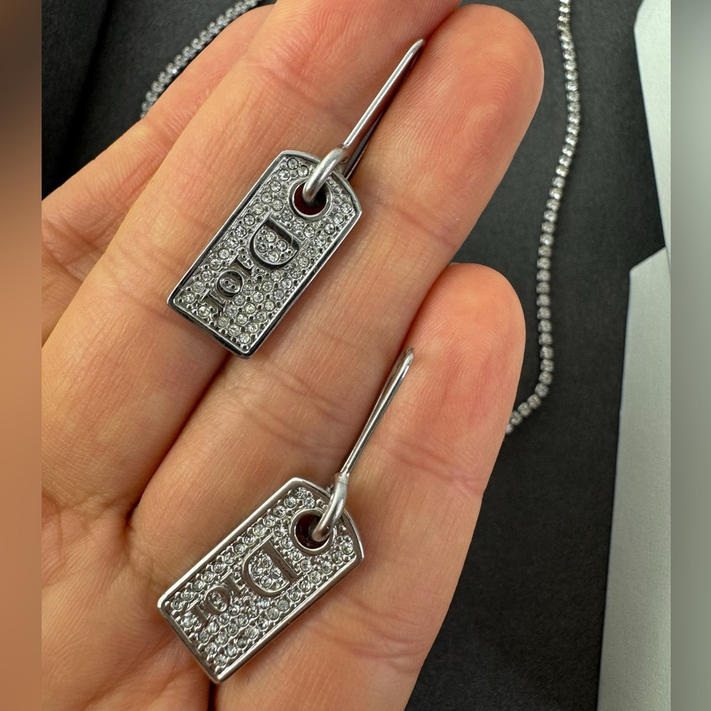 VTG AUTH Christian Dior Silver Rhinestone Logo Dog Tag Hook Charm Earrings - Picture 7 of 7